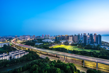 traffic road with city skyline