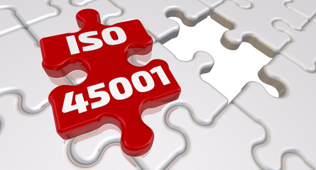 ISO 45001. Folded white puzzles elements and one red with text ISO 45001 - is an International Standard that specifies requirements for an occupational health and safety management system - obrazy, fototapety, plakaty