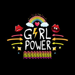 vector girl power label or cute sticker with calligraphic text isolated on black background. woman feminism concept illustration or poster with slogan.