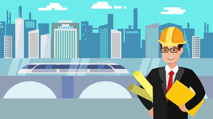 Engineer with folders in his hand with the city and hyperloop on a background. Flat vector illustration.