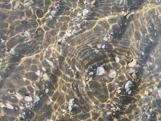 Underwater abstract textures made by shells, sun rays and waves at the sea