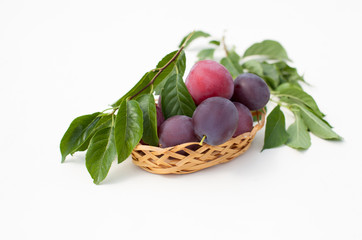 Fresh plum with leaves on white background