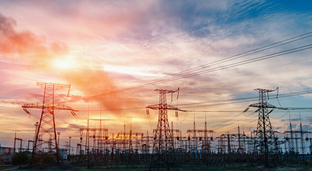 Fototapeta premium distribution electric substation with power lines and transformers.