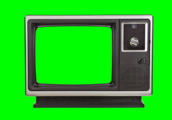Vintage 1970s television with chroma green background and screen.