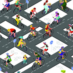 Seamless pattern of cyclists. A woman on a bicycle, a man on a bicycle, a child on a bicycle. Isometric 3d