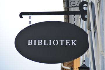 Close-up of library sign - Bibliotek, Drøbak, Norway