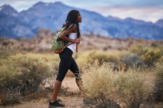 Fit African American Woman Hiking Through Alabama Hills Park In California