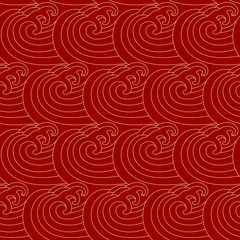 Chinese seamless pattern. Sea waves. Golden curls on a red background.
