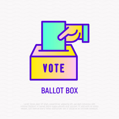 Ballot box: hand puts envelope with vote in box. Thin line icon. Modern vector illustration.