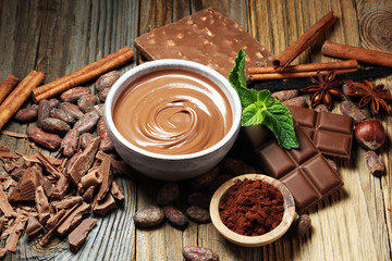 Melting chocolate  or melted chocolate with a chocolate swirl. Many stack and chips with powder.