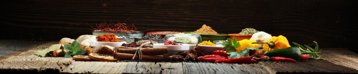 Spices and herbs on table. Food and cuisine ingredients.