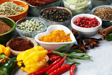 Spices and herbs on table. Food and cuisine ingredients.