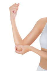 woman hand holding arm and massaging her elbow in pain area, Isolated on white background.