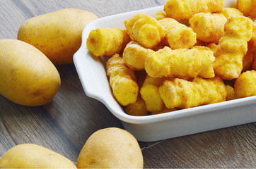 Frozen Cylindrical potato croquettes or German name is Kroketten.
Food Product from Potatoes.