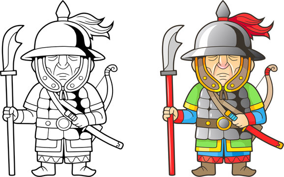 cartoon chinese warrior, funny illustration, coloring book