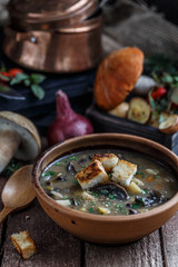Mushroom soup in ceramic bowl with a copper pan and mushroom in background, dark photo.