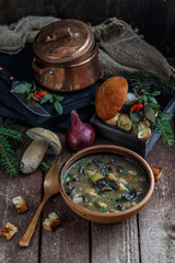 Mushroom soup in ceramic bowl with a copper pan and mushroom in background, dark photo.
