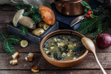 Mushroom soup in ceramic bowl with a copper pan and mushroom in background, dark photo.