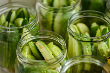 Cucumber background many cucumbers. cucumbers from the field. In glass jars