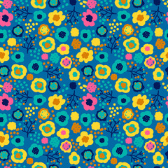 Fototapeta premium Bright seamless pattern with flowers and berries, vector. Colorful floral texture in a cartoon style