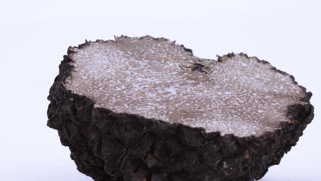 Macro of half of a black truffle. Rotating on the on the turntable. Isolated on the white background.