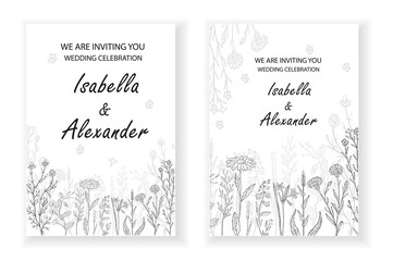 Wedding invitation frames with herbs and wild flowers.