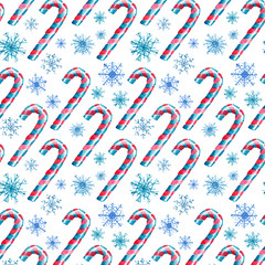 Beautiful graphic lovely holiday new year bright winter red white sweet yummy cane candy with snowflakes pattern watercolor hand illustration. Perfect for textile, wallpapers, and backgrounds