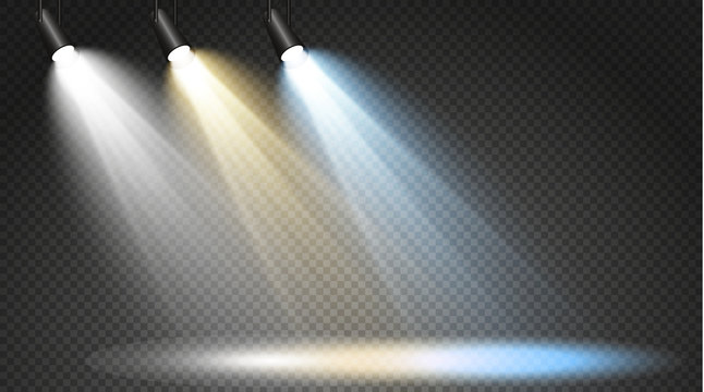 Set of colored searchlights on a transparent background. Bright lighting with spotlights. The searchlight is white, blue, yellow.

