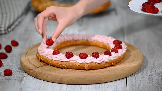 Preparation homemade choux pastry cake Paris Brest. French dessert.