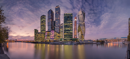 Evening view of the Moscow City, International Business center, scenic panorama.