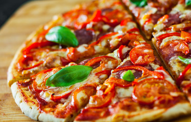 slices of Pizza with Mozzarella cheese, Ham, Tomatoes, salami, pepper, pepperoni Spices and Fresh Basil. Italian pizza