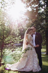 a walk of the newlyweds at sunset of the day