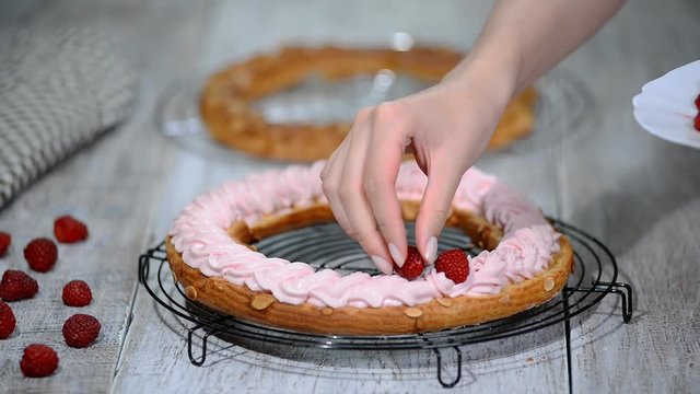 Preparation homemade choux pastry cake Paris Brest. French dessert.