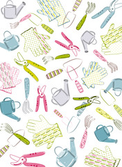 Garden tools illustration. Watering can, garden gloves, clippers, spade, trowel and hand fork. Pastel colors. Spring gardening print.