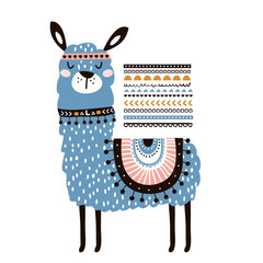 Cute cartoon llama with in tribal style. Childish print for nursery, kids apparel,poster, postcard. Vector Illustration © solodkayamari