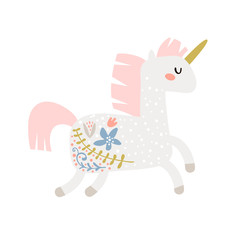 Magic unicorn childish illustration. Stay unique text with fairy pony.Vector Illustration. Perfect for baby and kids design,t-shirt prints,nursery decoration,poster,cards © solodkayamari