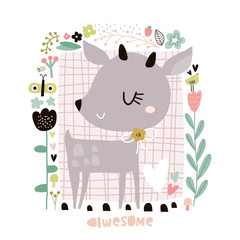 Cute cartoon deer in floral frame in scandinavian style. Childish print for nursery, kids apparel,poster, postcard. Vector Illustration