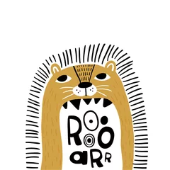 Cercles muraux Chambre de bébé Lion de dessin animé mignon dans un style scandinave dit Roar. Imprimé enfantin pour crèche, vêtements pour enfants, affiche, carte postale. Illustration vectorielle