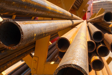 Close up rusty steel pipes in factory