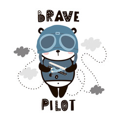 Brave pilot cute panda. Cartoon baby panda . Childish print for nursery, kids apparel,poster, postcard. Vector Illustration