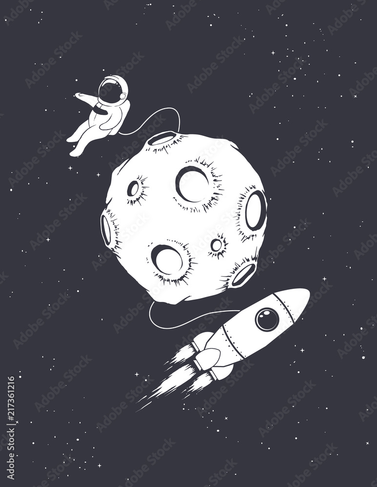 Canvas Prints lonely astronaut with spaceship circling around moon.vector illustration