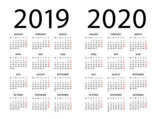 Calendar 2019 2020 - illustration. Week starts on Monday