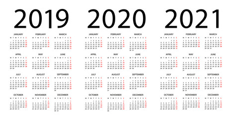 Calendar 2019 2020 2021 - illustration. Week starts on Monday - obrazy, fototapety, plakaty