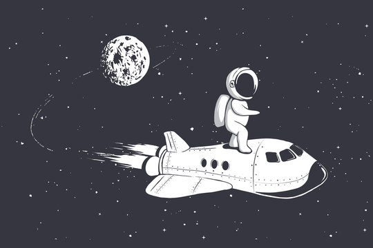 Astronaut fly on space shuttle from the moon.Vector illustration
