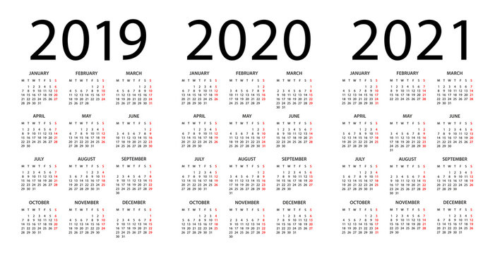 Calendar 2019 2020 2021 - illustration. Week starts on Monday