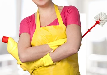 Young Cleaning woman showing sign poster