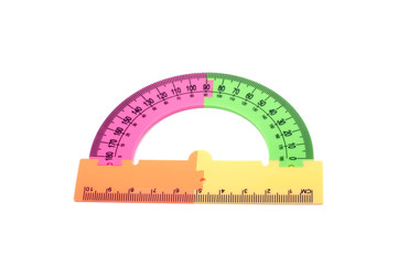 colorful plastic protractor in different color isolated on the white