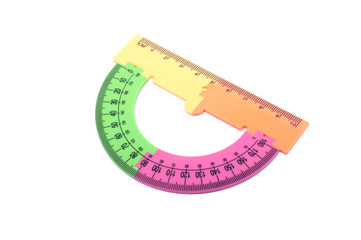 colorful plastic protractor in different color isolated on the white