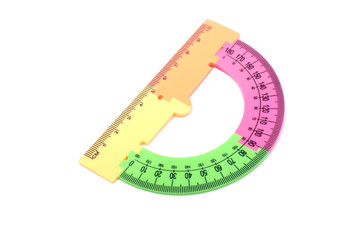 colorful plastic protractor in different color isolated on the white