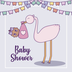 baby shower design with stork holding a baby girl over blue background, colorful design. vector illustration